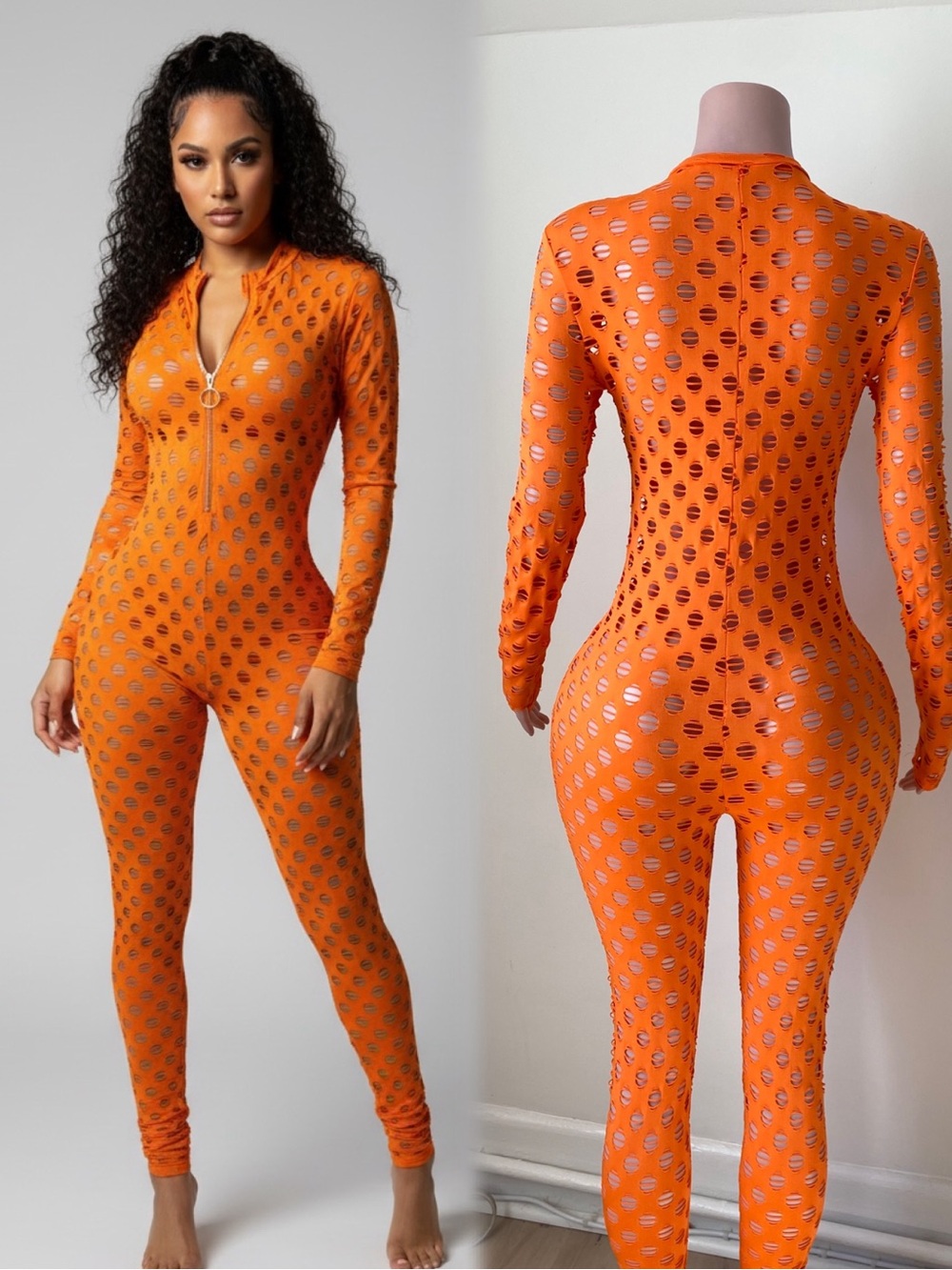 Orange Long-Sleeve Zip Front Cutout Jumpsuit